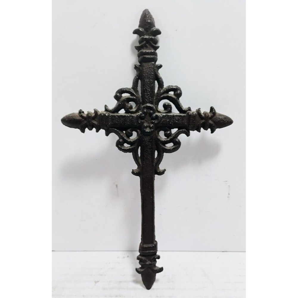 RUSTIC FRENCH CAST IRON 8” WALL CROSS FEATURING FLEUR-DE-LIS ACCENTS